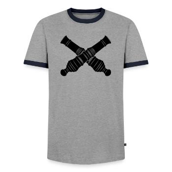 Two cannon barrels crossed - Men's Ringer Shirt - grey/navy  - Front - AI Model Female 172 light (172cm) & AI Model Male 178 light (178cm)