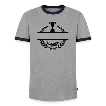 Fish and cup in laurel wreath with blank text bar - Men's Ringer Shirt - grey/navy  - Front - AI Model Female 172 light (172cm) & AI Model Male 178 light (178cm)