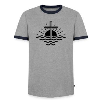 Sonnenuntergang Meer und Großes Kreuz - Männer Kontrast-T-Shirt - Grau/Navy  - Vorne - AI Model Female 172 light (172cm) & AI Model Male 178 light (178cm)
