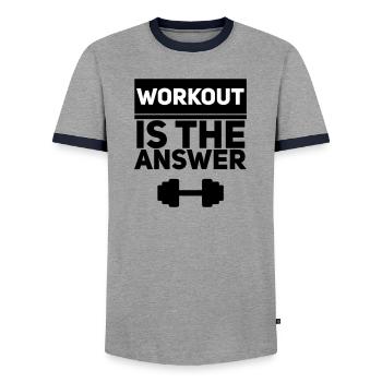 Workout ist die Antwort – Fitnessmotivation - Männer Kontrast-T-Shirt - Grau/Navy  - Vorne - AI Model Female 172 light (172cm) & AI Model Male 178 light (178cm)