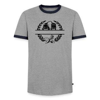 Corn Chopper in laurel wreath - Men's Ringer Shirt - grey/navy  - Front - AI Model Female 172 light (172cm) & AI Model Male 178 light (178cm)