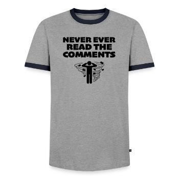 Never Ever Read the Comments Online - Men's Ringer Shirt - grey/navy  - Front - AI Model Female 172 light (172cm) & AI Model Male 178 light (178cm)