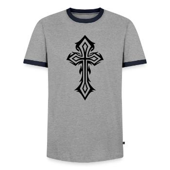 Croix, Crucifix, avec des épines, style gothique. - T-shirt contrasté Homme - gris/marine  - Devant - AI Model Female 172 light (172cm) & AI Model Male 178 light (178cm)
