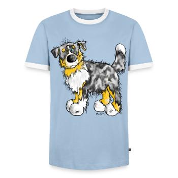 Australian Shepherd – Aussie – t-shirt design - Men's Ringer Shirt - light blue/white  - Front - AI Model Female 172 light (172cm) & AI Model Male 178 light (178cm)