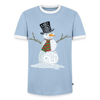 Happy Swirly Snowman - Men's Ringer Shirt - light blue/white  - Front - AI Model Female 172 light (172cm) & AI Model Male 178 light (178cm)