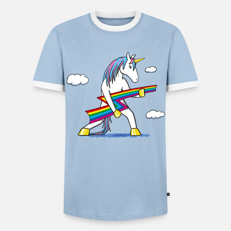 Rainbow Rock – Einhorn mit Regenbogenblitz - Männer Kontrast-T-Shirt - Hellblau/Weiß 