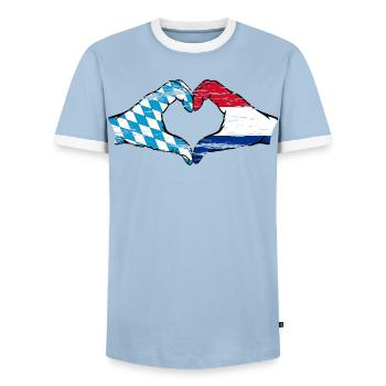 Bavière, Hollande, drapeau, mains, forme de coeur utilisé - T-shirt contrasté Homme - bleu clair/blanc  - Devant - AI Model Female 172 light (172cm) & AI Model Male 178 light (178cm)