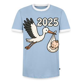 Stork with foundling in its beak 2025 - Men's Ringer Shirt - light blue/white  - Front - AI Model Female 172 light (172cm) & AI Model Male 178 light (178cm)