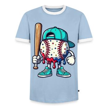 Melting Baseball Mascot with Bat - Men's Ringer Shirt - light blue/white  - Front - AI Model Female 172 light (172cm) & AI Model Male 178 light (178cm)