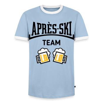 Après-Ski Team (Bier Apres Ski Konkav / POS 3C) - Männer Kontrast-T-Shirt - Hellblau/Weiß  - Vorne - AI Model Female 172 light (172cm) & AI Model Male 178 light (178cm)