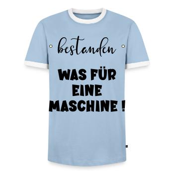 Abschluss Bestanden - Maschine - Männer Kontrast-T-Shirt - Hellblau/Weiß  - Vorne - AI Model Female 172 light (172cm) & AI Model Male 178 light (178cm)