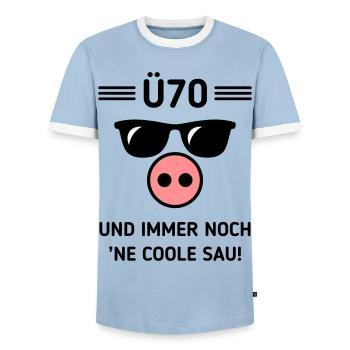 Ü70 Und Immer Noch ’Ne Coole Sau! Cool Geburtstag - Männer Kontrast-T-Shirt - Hellblau/Weiß  - Vorne - AI Model Female 172 light (172cm) & AI Model Male 178 light (178cm)