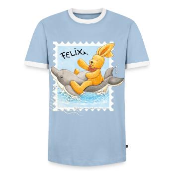 Felix der Hase reitet auf Delfin - Männer Kontrast-T-Shirt - Hellblau/Weiß  - Vorne - AI Model Female 172 light (172cm) & AI Model Male 178 light (178cm)