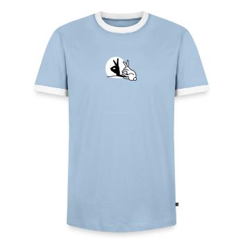 Funny Rabbit hand shadow puppets humor pop art - Men's Ringer Shirt - light blue/white  - Front - AI Model Female 172 light (172cm) & AI Model Male 178 light (178cm)