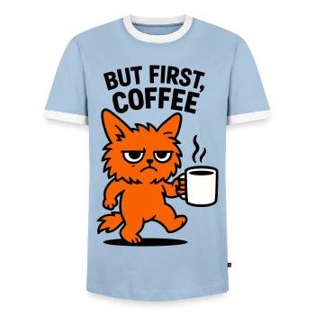 But first coffee cat - Men's Ringer Shirt - light blue/white  - Front - AI Model Female 172 light (172cm) & AI Model Male 178 light (178cm)