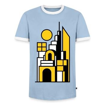 Abstract Cityscape in Yellow Black - Men's Ringer Shirt - light blue/white  - Front - AI Model Female 172 light (172cm) & AI Model Male 178 light (178cm)