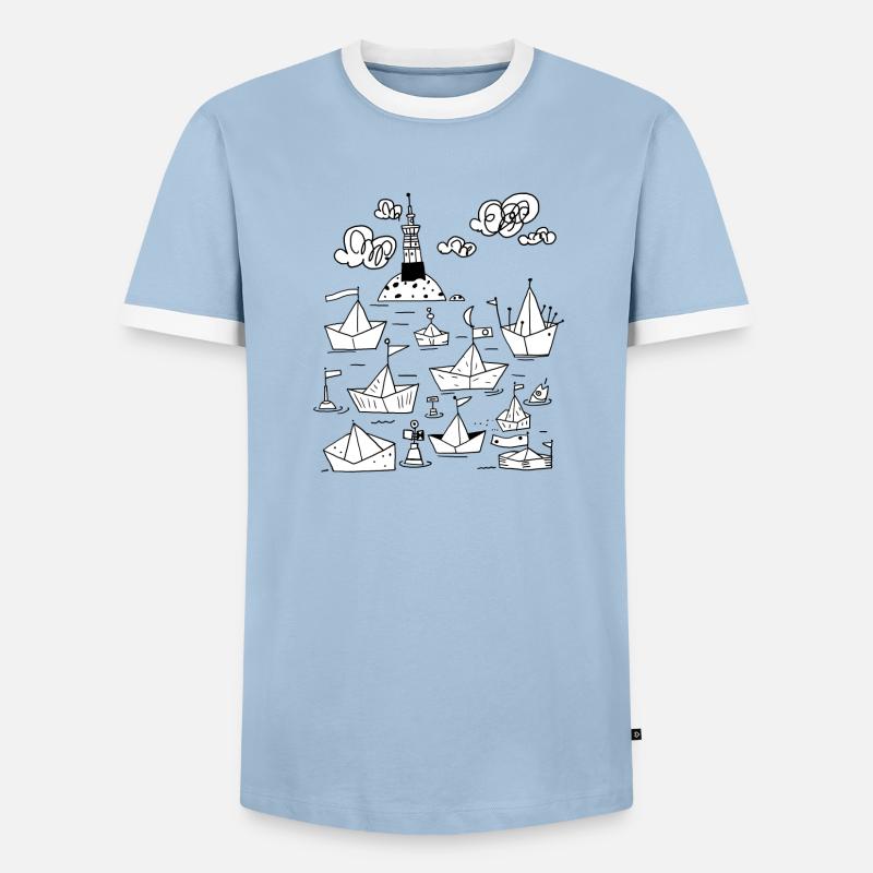 Papierschiffchen mit Leuchtturm - Männer Kontrast-T-Shirt - Hellblau/Weiß 
