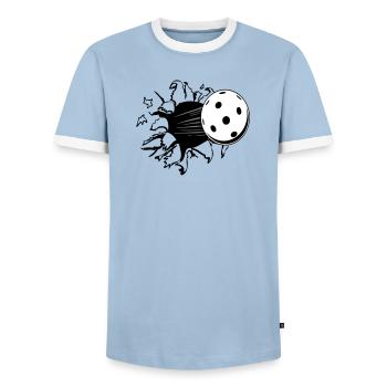 Floorball , Unihockey , Hockey , Loch  - Männer Kontrast-T-Shirt - Hellblau/Weiß  - Vorne - AI Model Female 172 light (172cm) & AI Model Male 178 light (178cm)