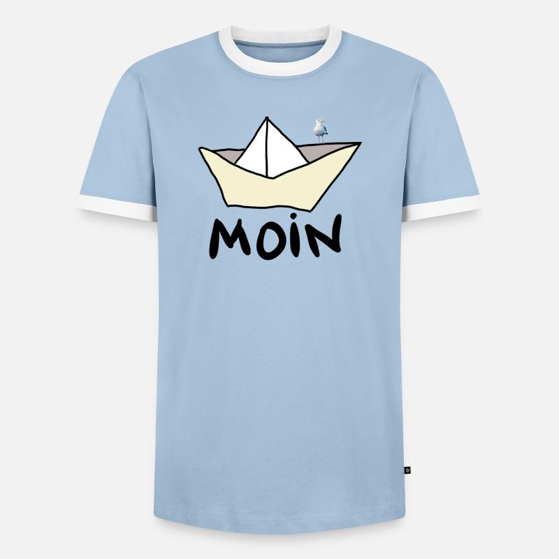 Papierboot am Strand mit Möwe - Männer Kontrast-T-Shirt - Hellblau/Weiß 