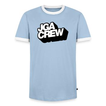 Bachelor Party Crew 3D Typo - Men's Ringer Shirt - light blue/white  - Front - AI Model Female 172 light (172cm) & AI Model Male 178 light (178cm)