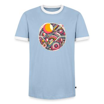 Neon Geometry — Orbit Bloom - Männer Kontrast-T-Shirt - Hellblau/Weiß  - Vorne - AI Model Female 172 light (172cm) & AI Model Male 178 light (178cm)