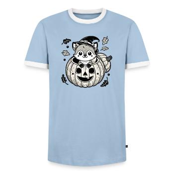 Halloween-Fuchs im Kürbis:Süßer Gruselspaß - Männer Kontrast-T-Shirt - Hellblau/Weiß  - Vorne - AI Model Female 172 light (172cm) & AI Model Male 178 light (178cm)
