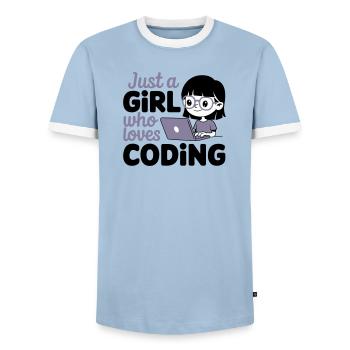 Just a Girl Who Loves Coding - Men's Ringer Shirt - light blue/white  - Front - AI Model Female 172 light (172cm) & AI Model Male 178 light (178cm)