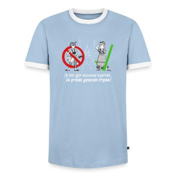 Ich bin kein dummer Tourist, ich rede nur Frysk! - Männer Kontrast-T-Shirt - Hellblau/Weiß  - Vorne - AI Model Female 172 light (172cm) & AI Model Male 178 light (178cm)