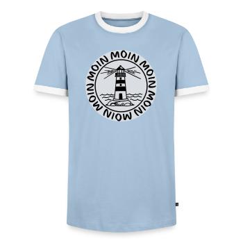 Moin Moin Lighthouse – Maritime Coastal Design - Men's Ringer Shirt - light blue/white  - Front - AI Model Female 172 light (172cm) & AI Model Male 178 light (178cm)