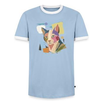 Abstrakte Katze im modernen Farbblock-Design - Männer Kontrast-T-Shirt - Hellblau/Weiß  - Vorne - AI Model Female 172 light (172cm) & AI Model Male 178 light (178cm)