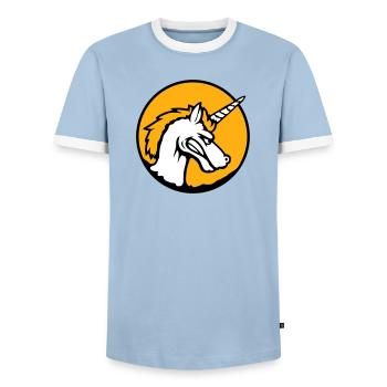 Unicorn Evil Angry Attack Teeth Grinding Sour - Men's Ringer Shirt - light blue/white  - Front - AI Model Female 172 light (172cm) & AI Model Male 178 light (178cm)