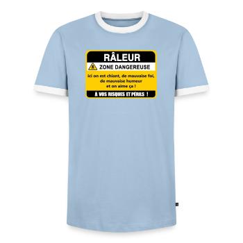Complaining Danger Zone - Men's Ringer Shirt - light blue/white  - Front - AI Model Female 172 light (172cm) & AI Model Male 178 light (178cm)