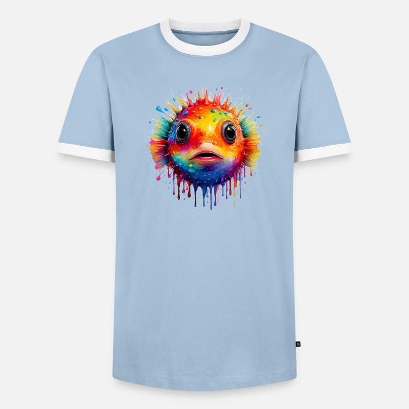 Farbexplosion Pufferfisch Kunstdruck - Männer Kontrast-T-Shirt - Hellblau/Weiß