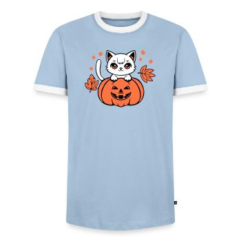 Autumn Cat White Pumpkin Maple Leaf Cute Halloween - Men's Ringer Shirt - light blue/white  - Front - AI Model Female 172 light (172cm) & AI Model Male 178 light (178cm)