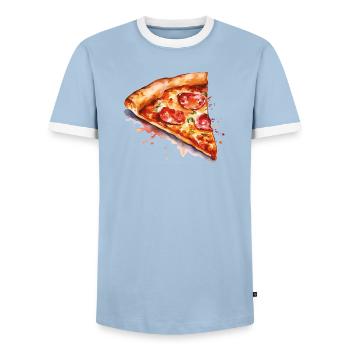 Watercolor Pizza Slice - Men's Ringer Shirt - light blue/white  - Front - AI Model Female 172 light (172cm) & AI Model Male 178 light (178cm)