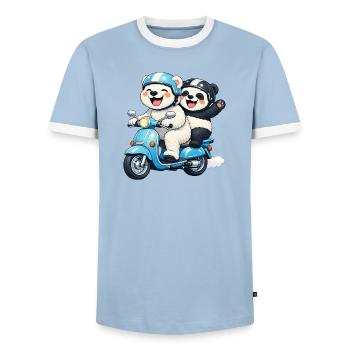 Polar Bear and Panda Bear on a Scooter - Men's Ringer Shirt - light blue/white  - Front - AI Model Female 172 light (172cm) & AI Model Male 178 light (178cm)
