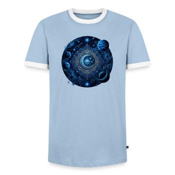 Planètes spatiales Galaxies Étoiles Lunes - T-shirt contrasté Homme - bleu clair/blanc  - Devant - AI Model Female 172 light (172cm) & AI Model Male 178 light (178cm)