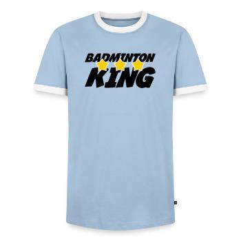 The King of Badminton - Men's Ringer Shirt - light blue/white  - Front - AI Model Female 172 light (172cm) & AI Model Male 178 light (178cm)