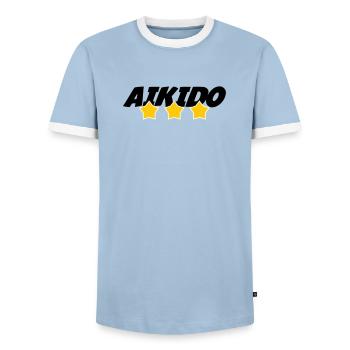 Aikido – Kampfsport – Aikido - Männer Kontrast-T-Shirt - Hellblau/Weiß  - Vorne - AI Model Female 172 light (172cm) & AI Model Male 178 light (178cm)