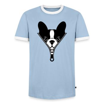 Französische Bulldogge mit Reißverschluss - Männer Kontrast-T-Shirt - Hellblau/Weiß  - Vorne - AI Model Female 172 light (172cm) & AI Model Male 178 light (178cm)