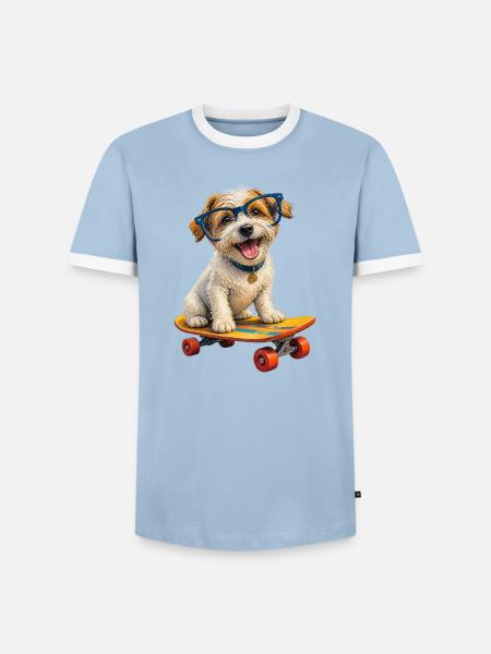 Hund auf Skateboard, blaue Brille - Männer Kontrast-T-Shirt - Hellblau/Weiß