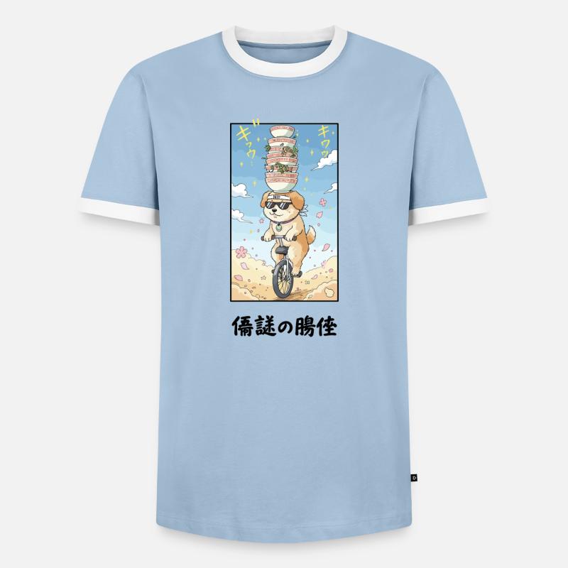 Noodle Stack Pup on Unicycle - Men's Ringer Shirt - light blue/white 