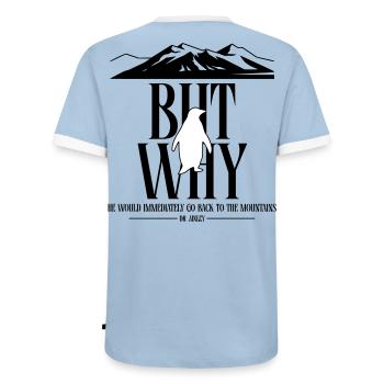 But Why Penguin Meme Minimalist Art - Men's Ringer Shirt - light blue/white  - Back - AI Model Male 178 light (178cm)
