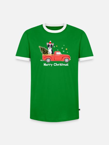 Frenchie Xmas Truck – Frohe Weihnachten - Männer Kontrast-T-Shirt - Grün/Weiß