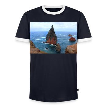 Madeira Portugal Poster - Men's Ringer Shirt - navy/white  - Front - AI Model Female 172 light (172cm) & AI Model Male 178 light (178cm)