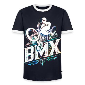 Retro Bmx Bike - Bmx rider in bright colors - Men's Ringer Shirt - navy/white  - Front - AI Model Female 172 light (172cm) & AI Model Male 178 light (178cm)