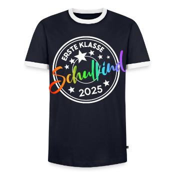 Ers­te Klasse Schul­beginn 2025 - Männer Kontrast-T-Shirt - Navy/Weiß  - Vorne - AI Model Female 172 light (172cm) & AI Model Male 178 light (178cm)