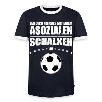 Asoziales Schalker Leg dich niemals mit einem - Männer Kontrast-T-Shirt - Navy/Weiß  - Vorne - AI Model Female 172 light (172cm) & AI Model Male 178 light (178cm)