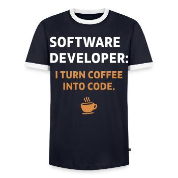 Software Developer - Coffee Edition - Men's Ringer Shirt - navy/white  - Front - AI Model Female 172 light (172cm) & AI Model Male 178 light (178cm)