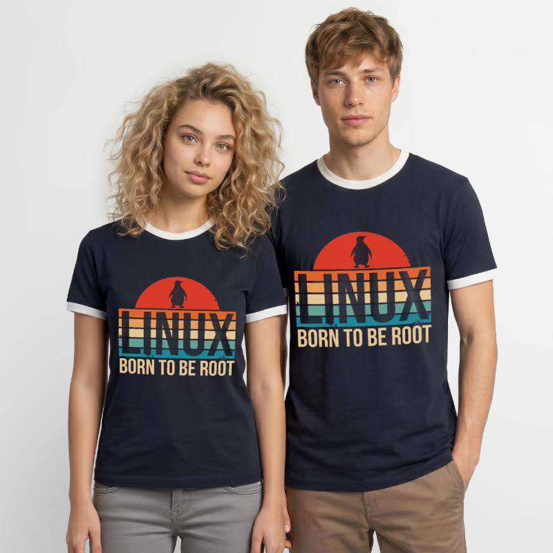 Linux né pour être Root Penguin Nerd Coding Geek T-shirt contrasté Homme
